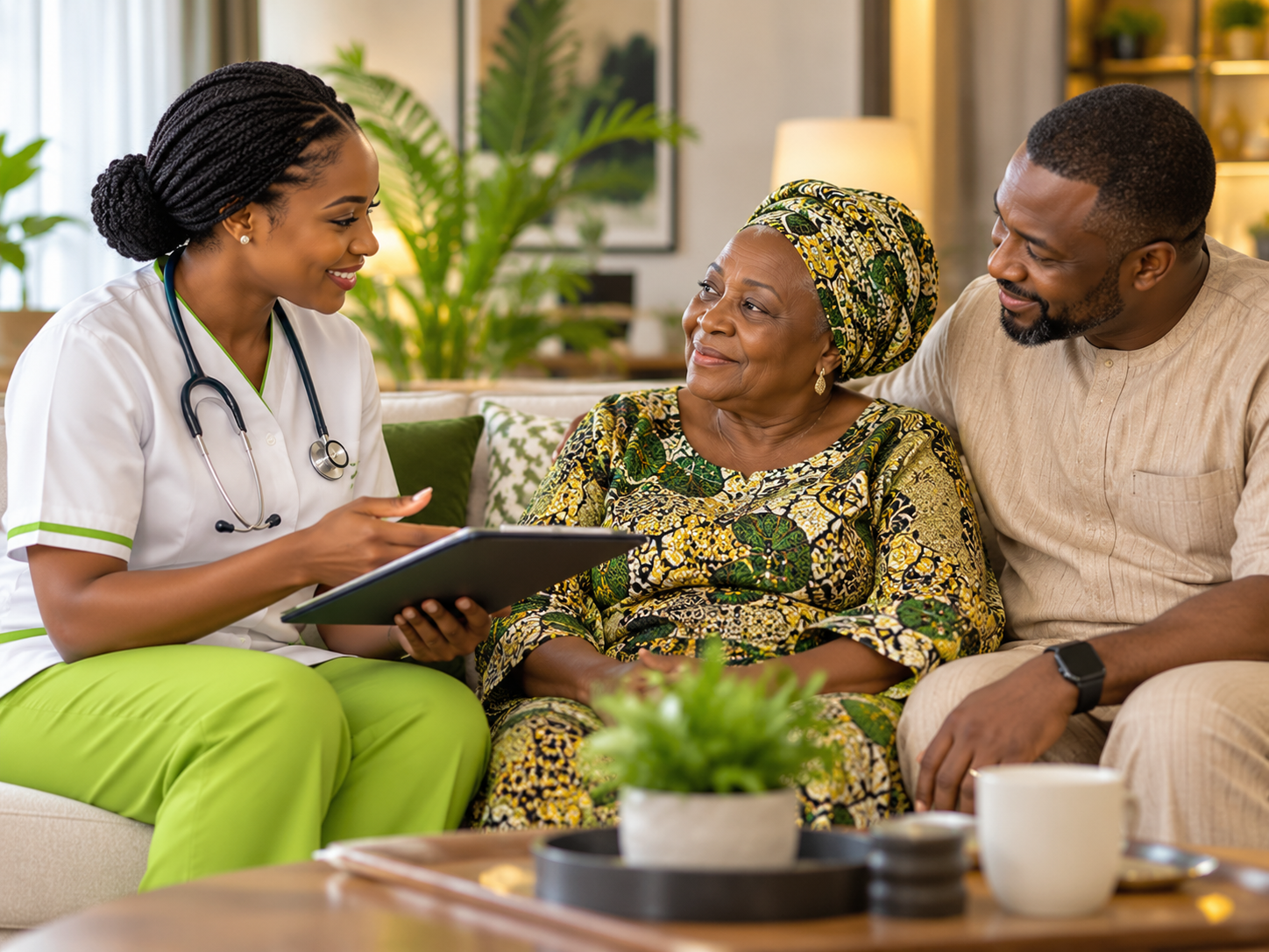 A home care nurse speaking with an older woman and a family member in a comfortable home setting.
