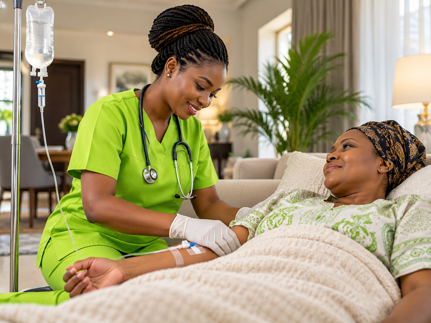 A nurse providing IV therapy care to a patient at home.
